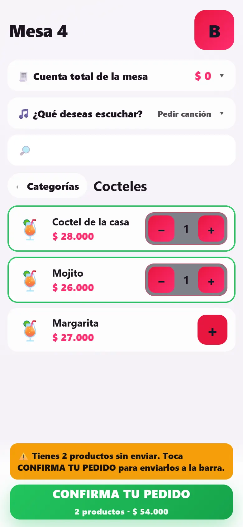Menú QR del bar en el celular: cocteles con precio, cuenta de la mesa y pedir canción