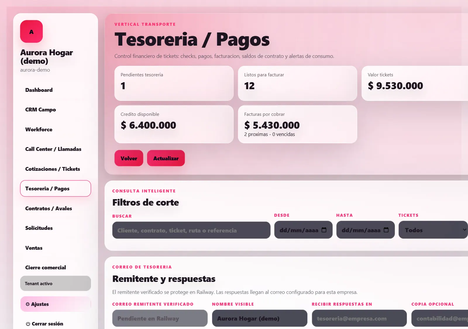 Tesorería en Clonexa: tickets pendientes por revisar, listos para facturar, crédito disponible y facturas por cobrar