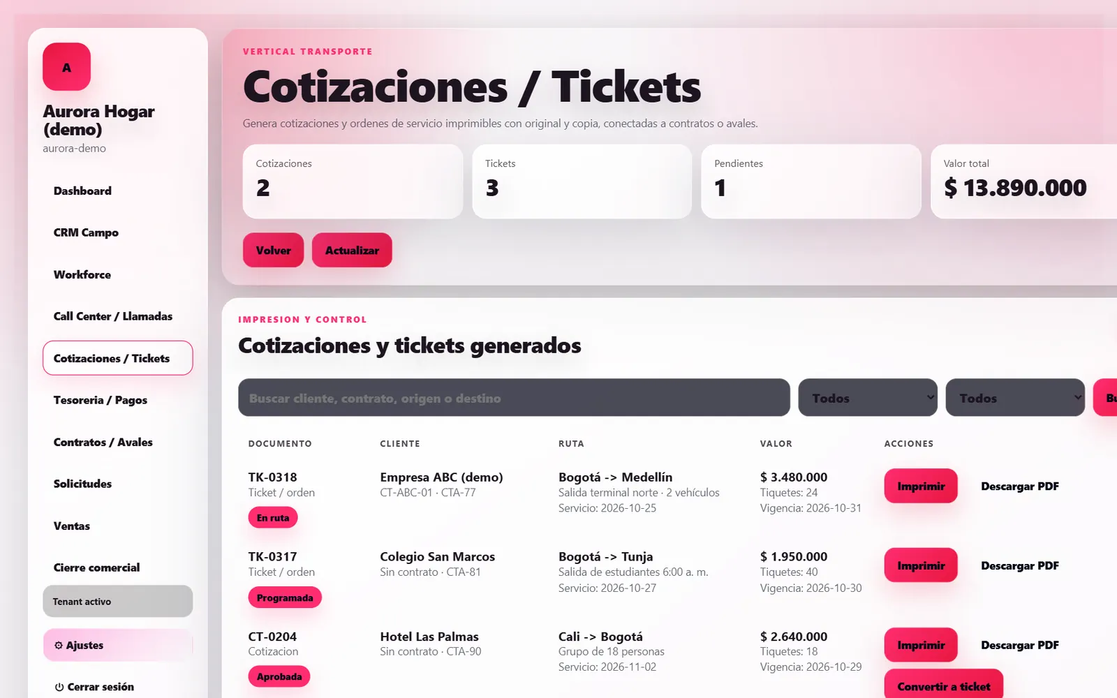 Cotizaciones y tickets en Clonexa: documentos con cliente, servicio, valor y estado En ruta, Programada o Aprobada