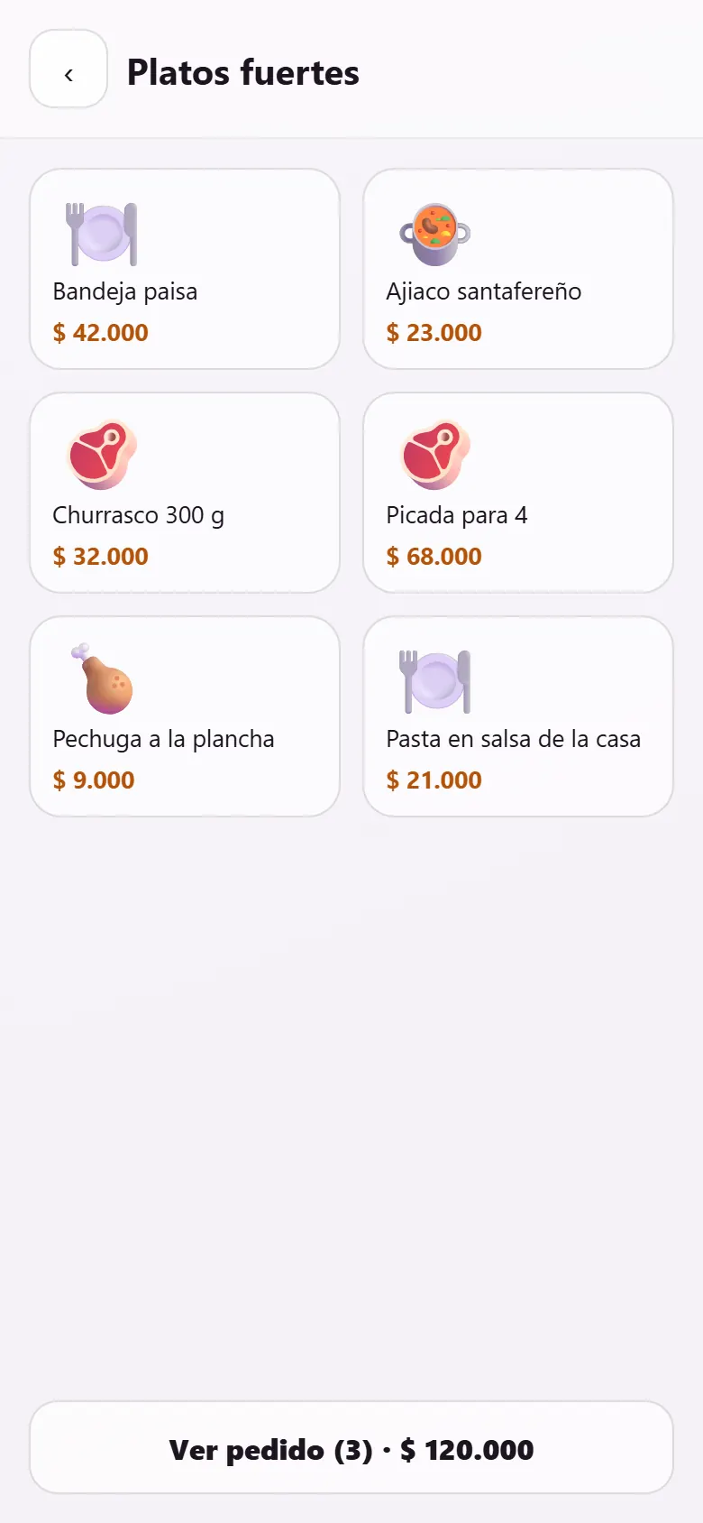 Panel del mesero en el celular: categoría Platos fuertes con cada plato y su precio