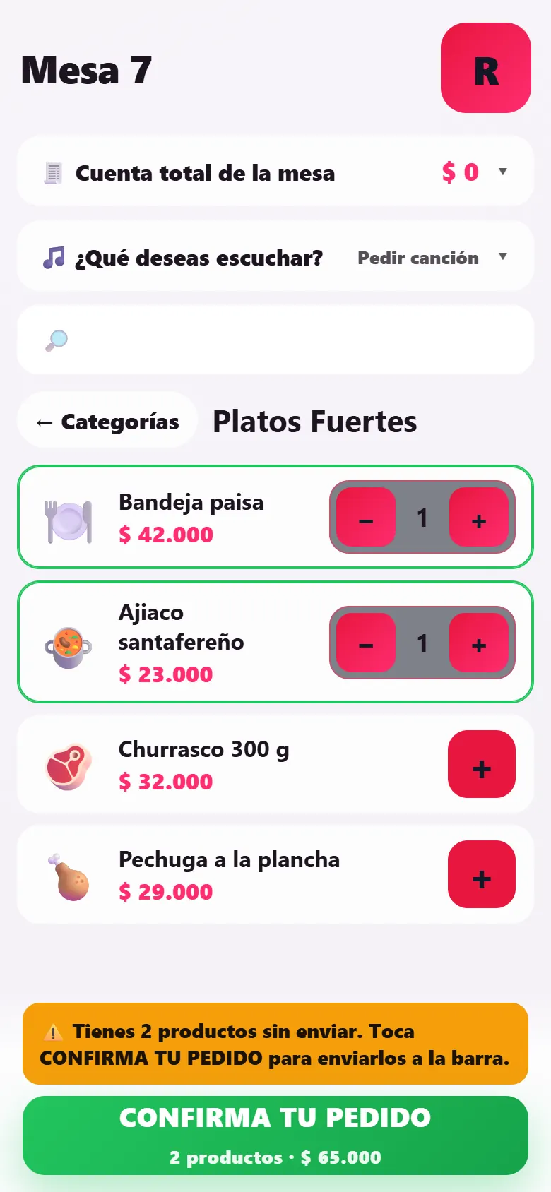 Menú QR de la mesa 7 en el celular del cliente: platos fuertes con precio y botones para agregar al pedido